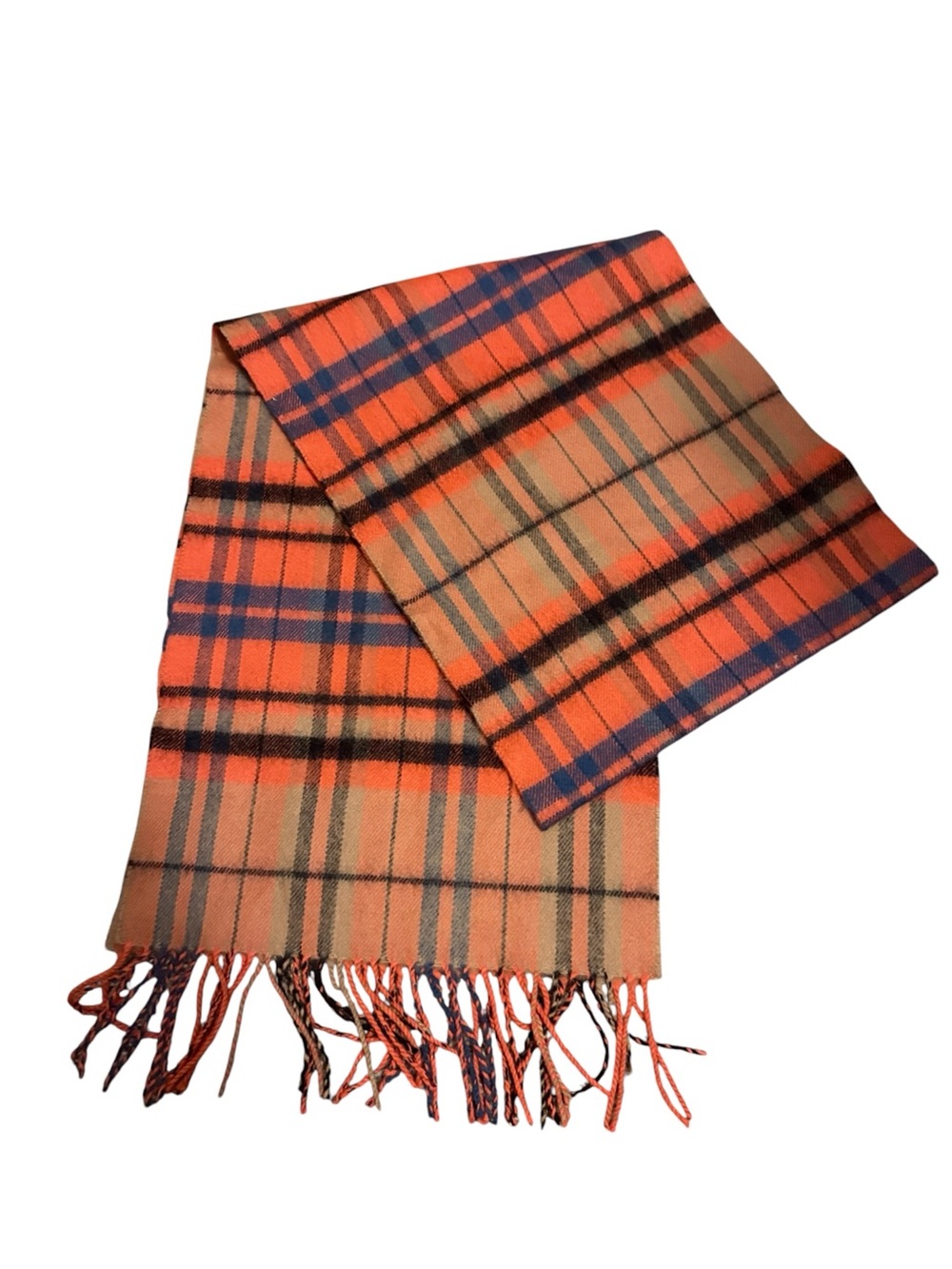 100% Cashmere Orange Plaid Fringe Scarf